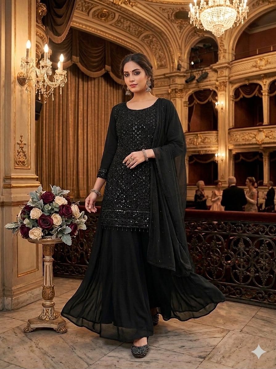 Beads & Sequin Embroidery Work Kurti, Palazzo & Dupatta Set