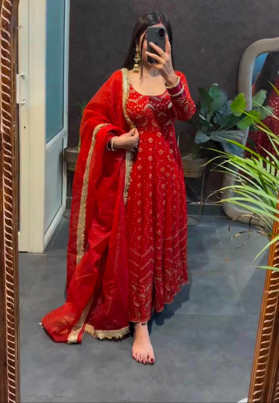 Thread & Sequin Work Gown, Pant & Dupatta Set