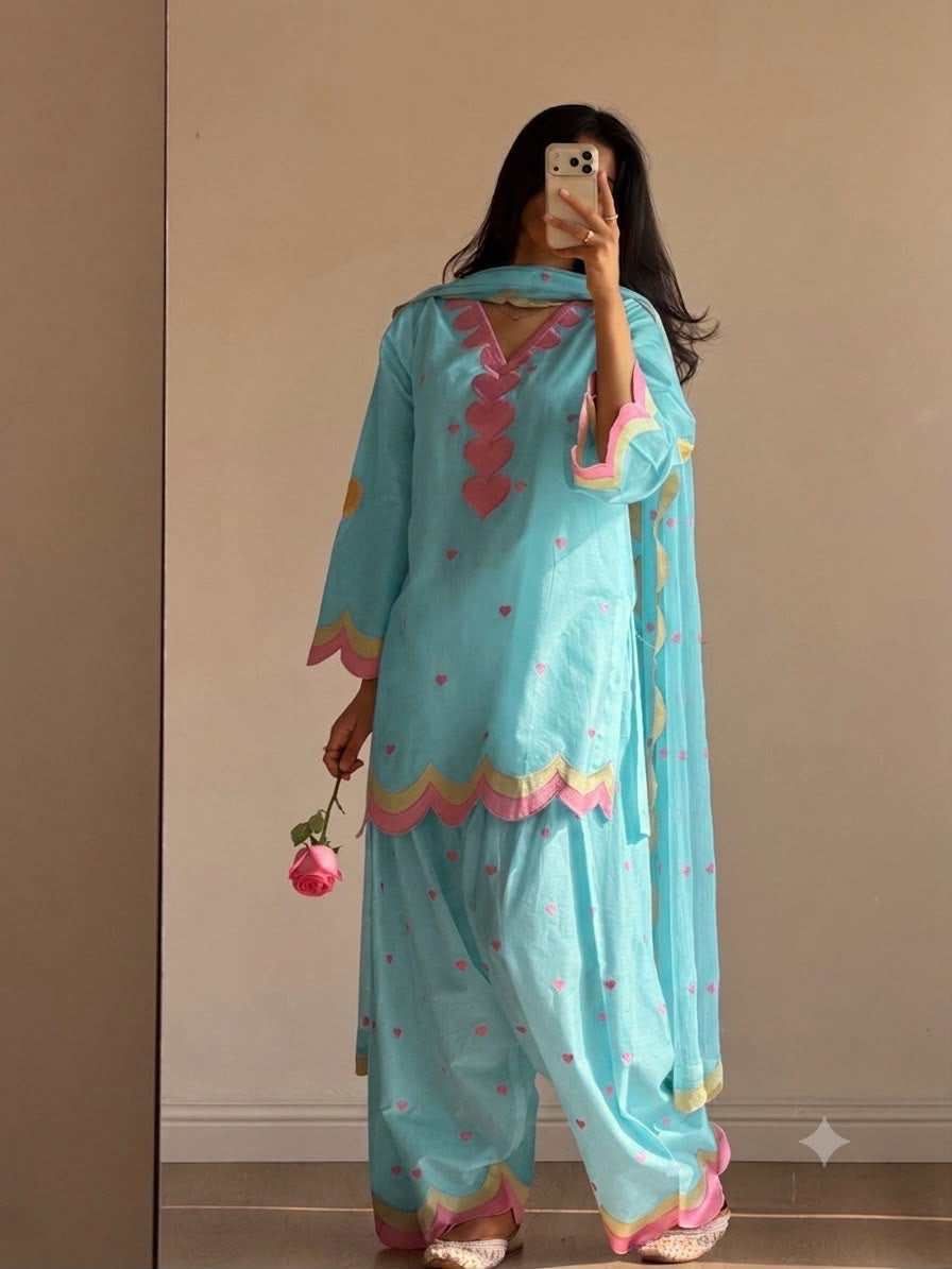 MUL CHANDERI EMBROIDERY WORK 3 piece set