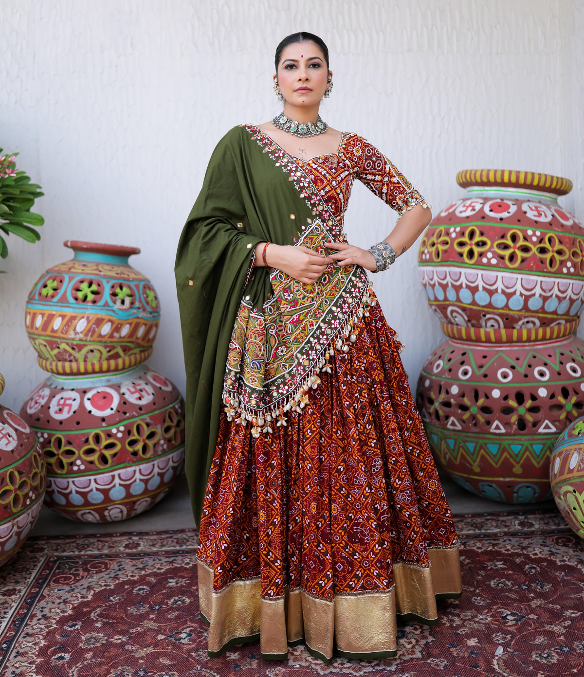 Navratri Muslin Cotton Printed Mirror Work Lehenga Choli