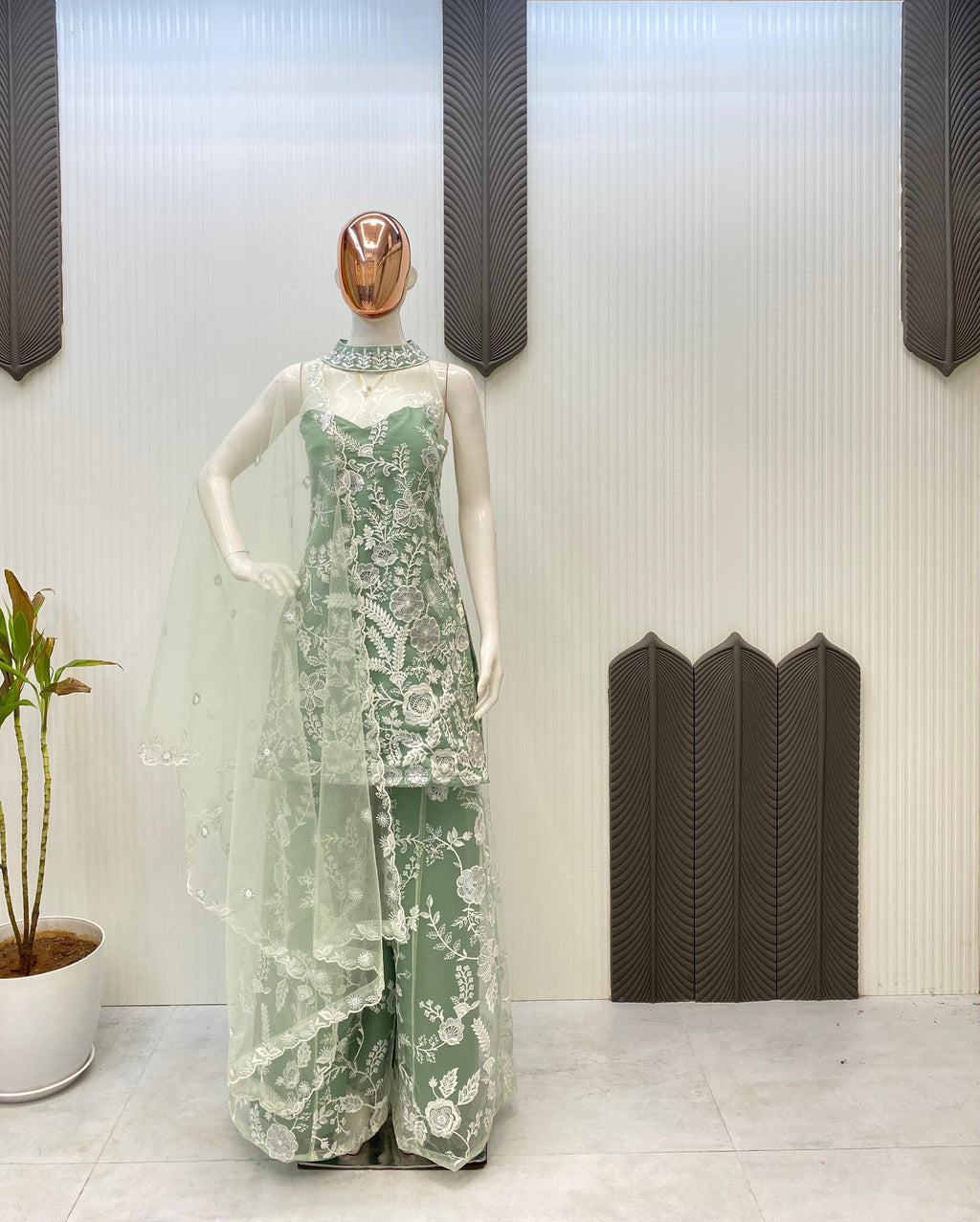 HALTER NECK KURTA AND PLAZZO SET WITH DUPATTA IN BUTTERFLY NET WITH SEQUENCE EMBROIDERY WORK