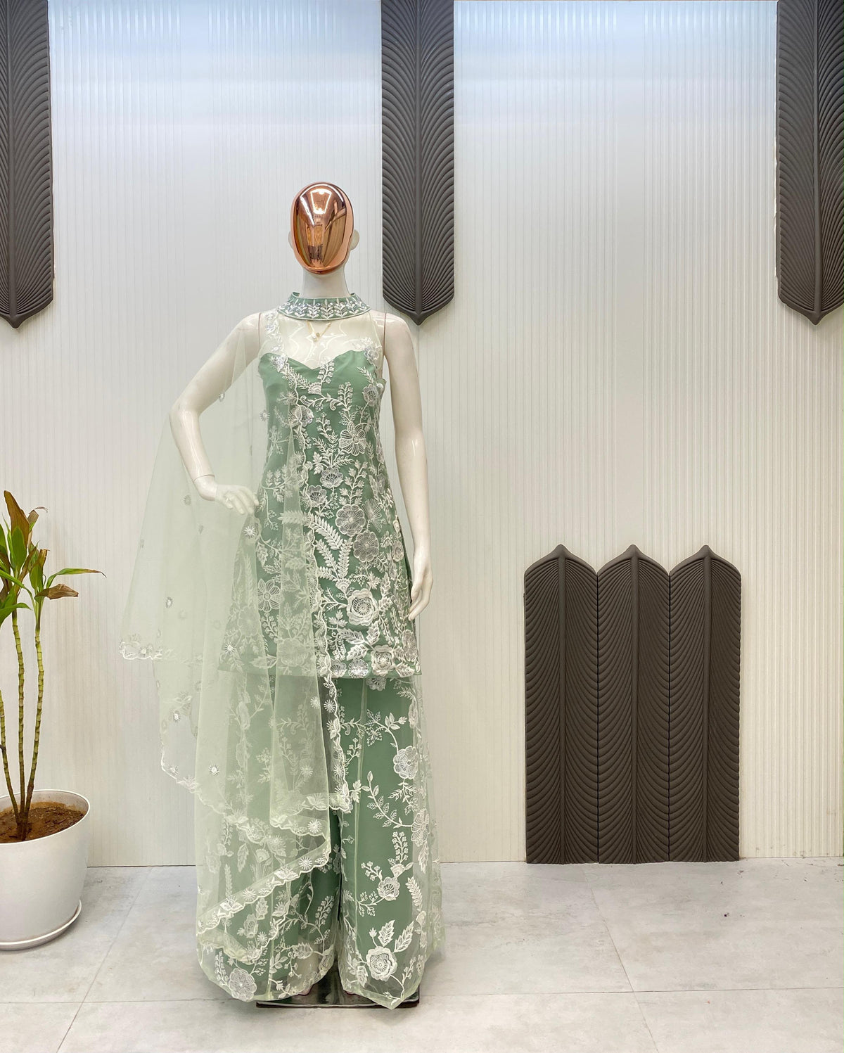 HALTER NECK KURTA AND PLAZZO SET WITH DUPATTA IN BUTTERFLY NET WITH SEQUENCE EMBROIDERY WORK