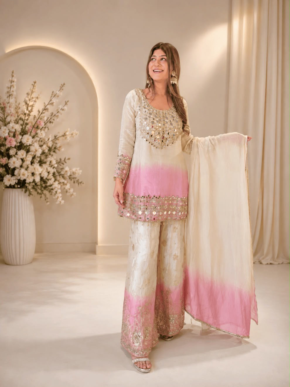 Real Mirror Embroidery Work Top, Palazzo & Dupatta Set