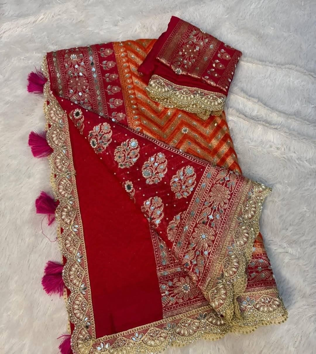 Banarasi Katan Georgette Silk Saree with Mirror, Beads & Designer Lace Work
