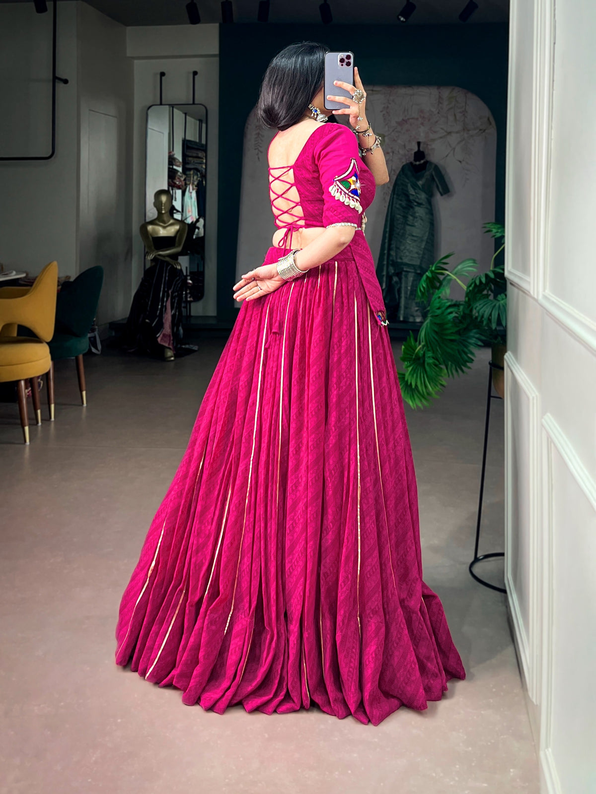 Navratri 2026 Georgette Printed Gota Patti Lehenga with Gamthi Mirror Lace Blouse