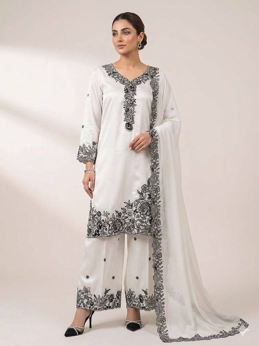 Sequin Embroidery Work Top, Palazzo & Dupatta Set