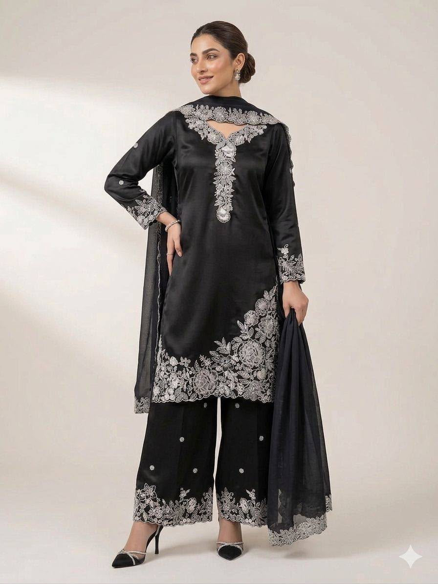 Sequin Embroidery Work Top, Palazzo & Dupatta Set