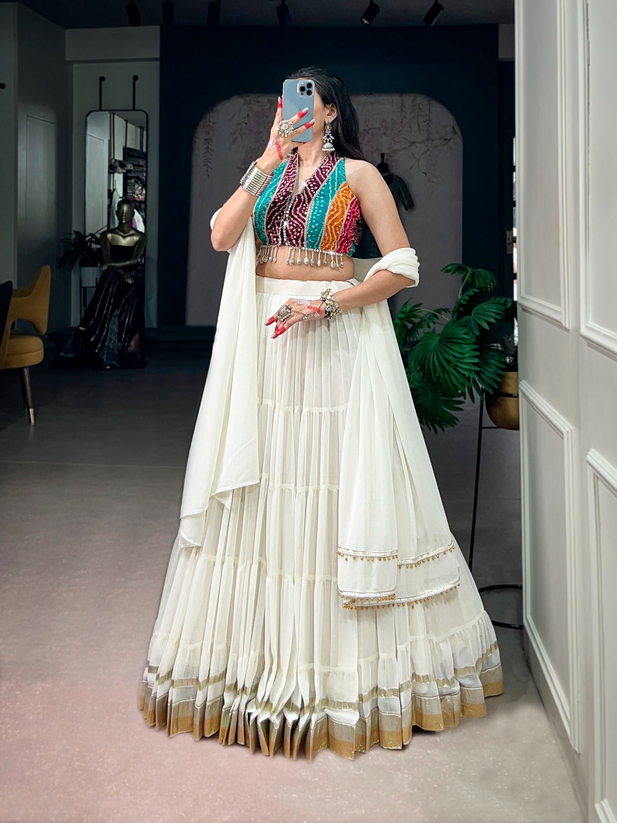 Navratri 2026 Embossed Lace Lehenga with Bandhani Mirror Work Blouse