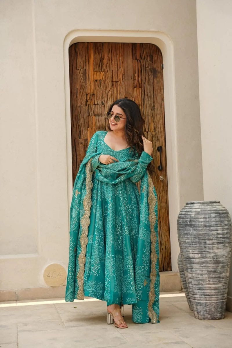 PURE COTTON BANDHANI PRINT KURTI WITH HEAVILY EMBROIDERED WORK ON DUPATTA