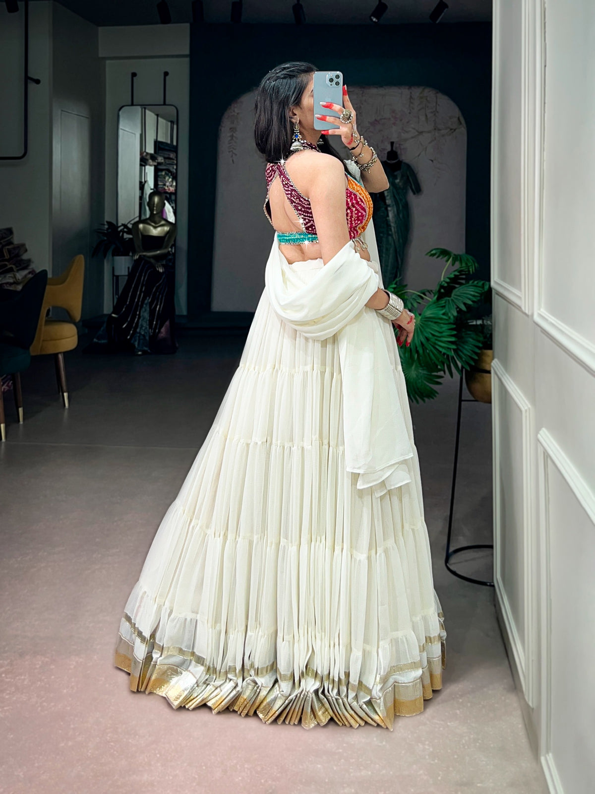 Navratri 2026 Embossed Lace Lehenga with Bandhani Mirror Work Blouse