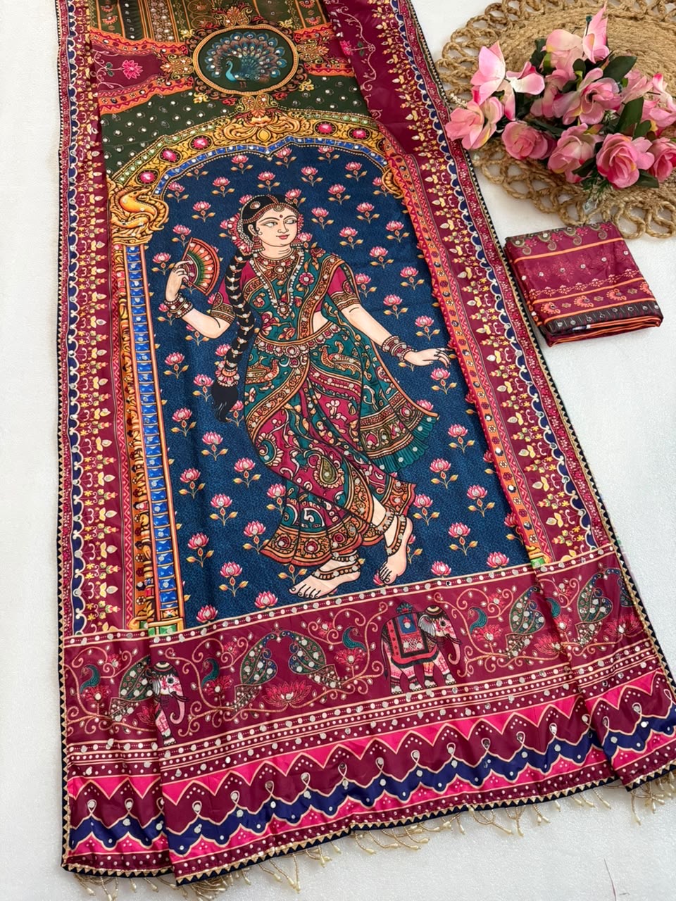 Rashmika Soft Japan Crepe Geruva Print Saree with Real Mirror Work