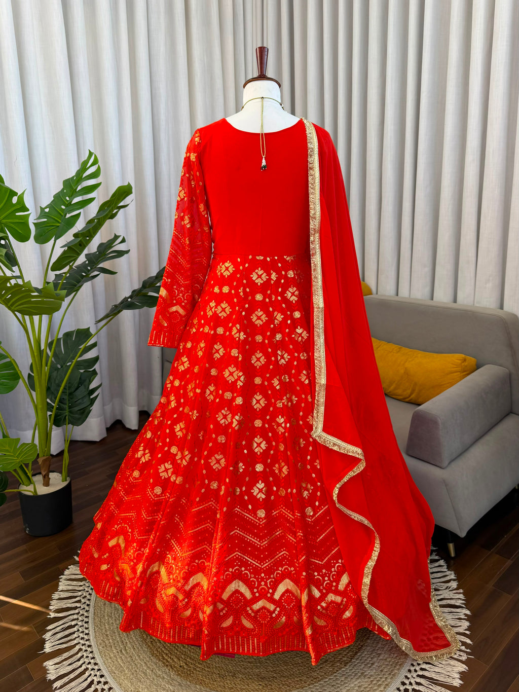 Thread & Sequin Work Gown, Pant & Dupatta Set