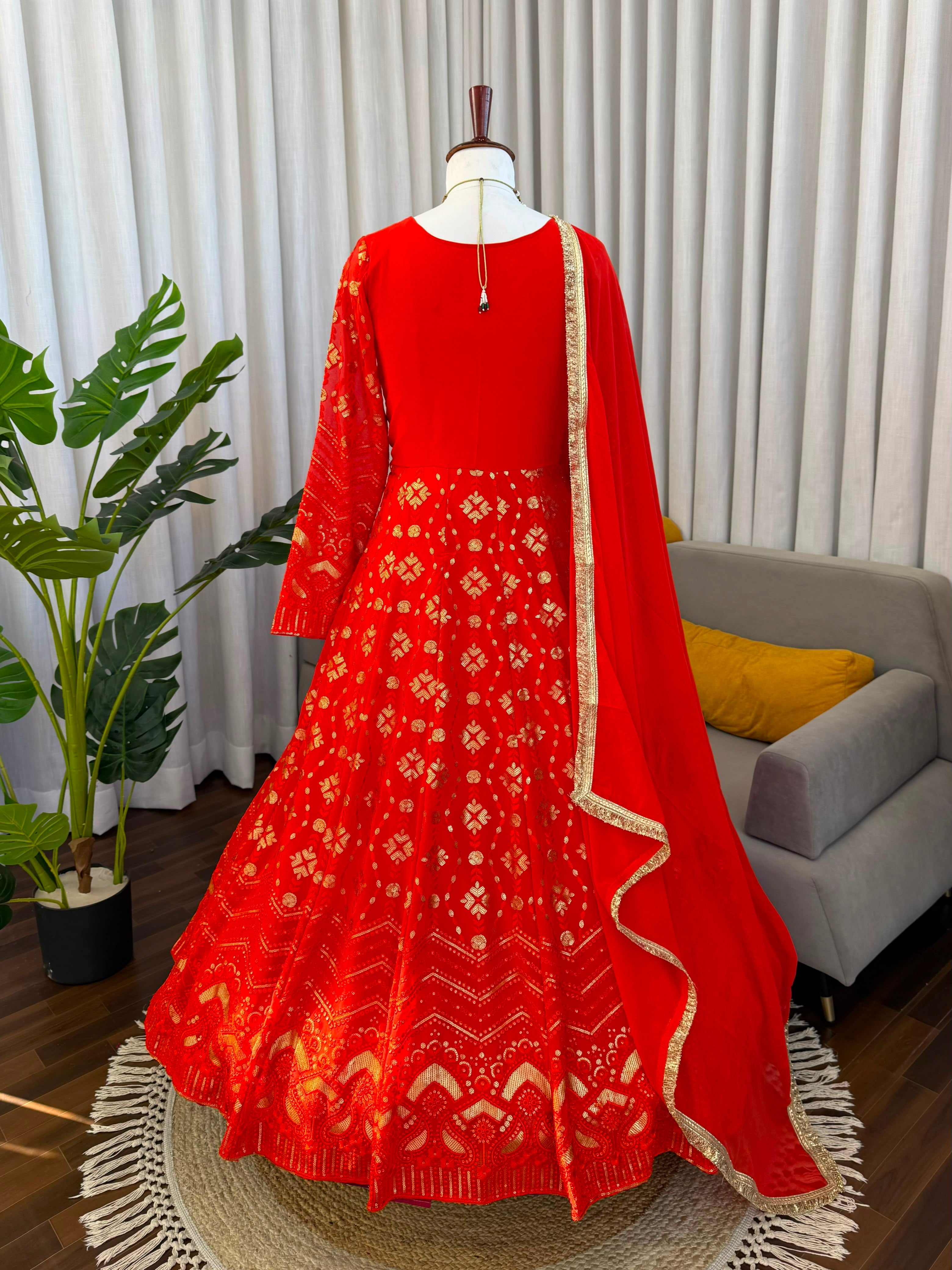 Thread & Sequin Work Gown, Pant & Dupatta Set