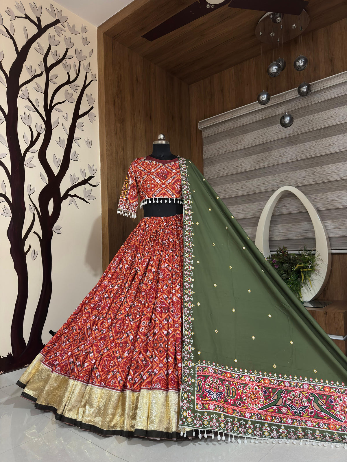 Navratri Muslin Cotton Printed Mirror Work Lehenga Choli