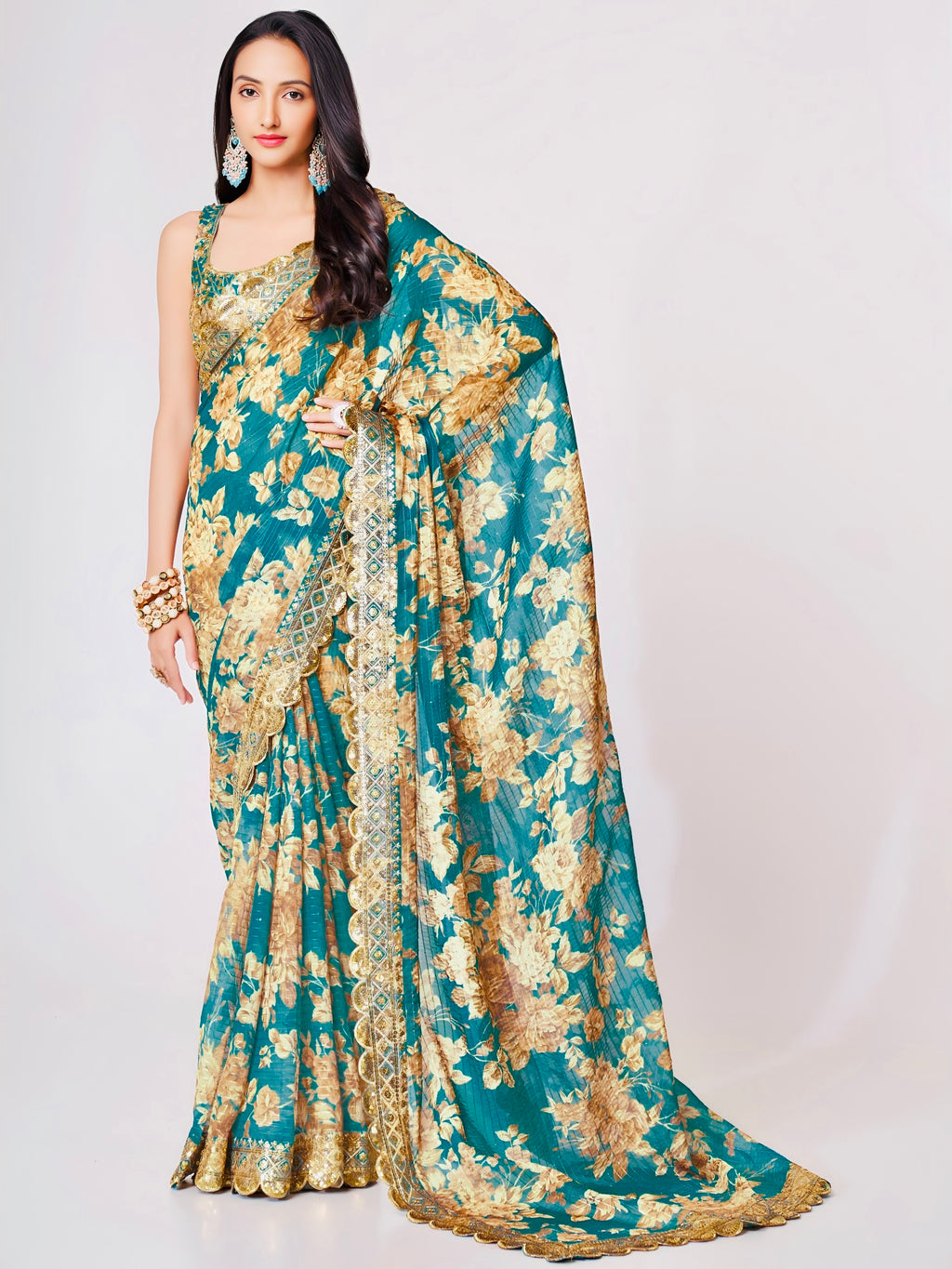 Teal Floral Elegance Saree