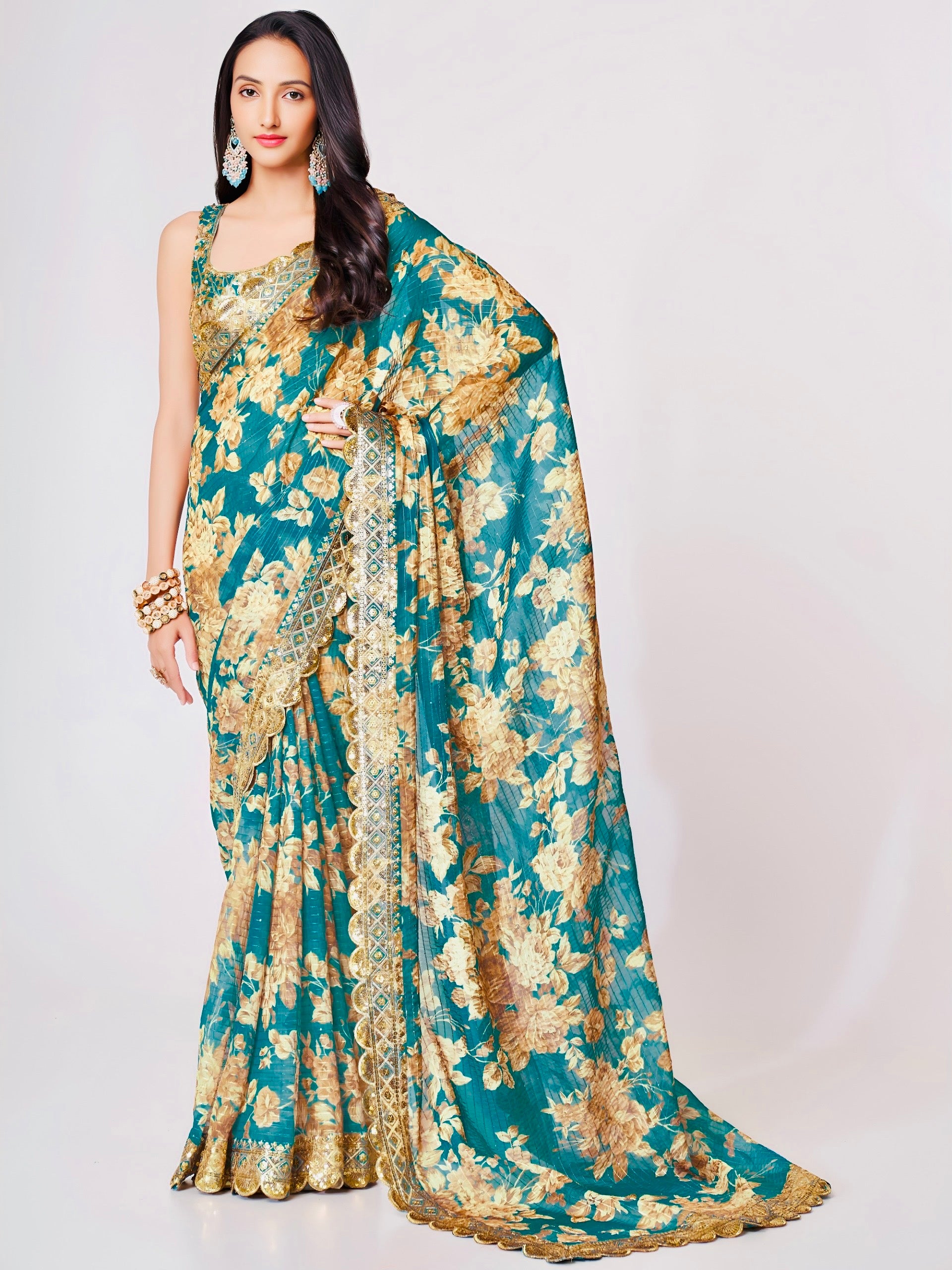 Teal Floral Elegance Saree