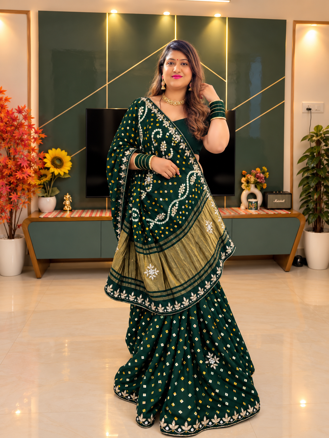 Gaji Silk Original Bandhani With Gota Pati Hand Work Saree