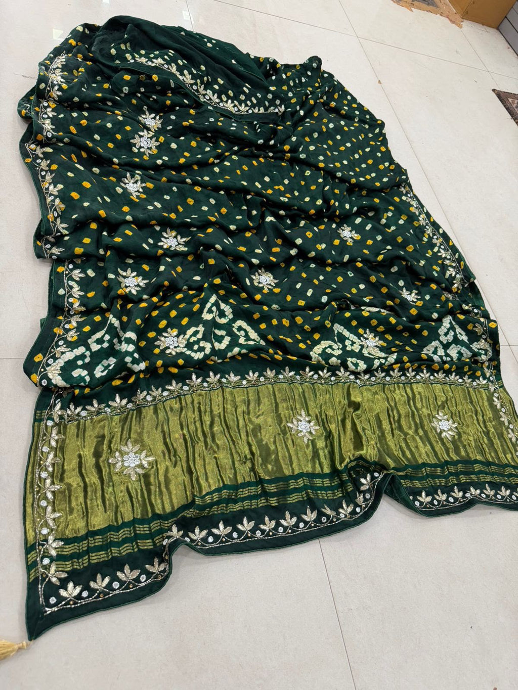 Gaji Silk Original Bandhani With Gota Pati Hand Work Saree