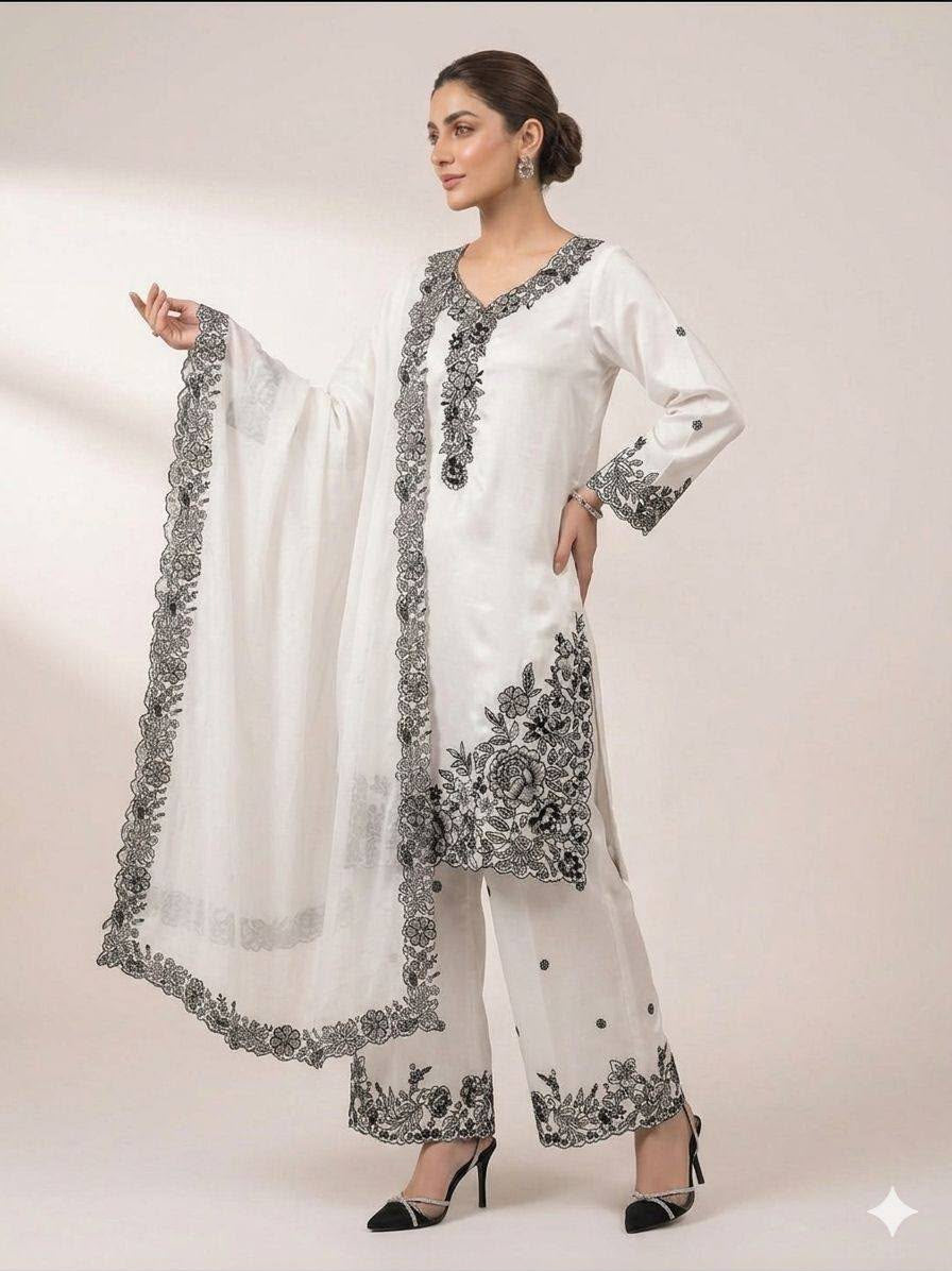 Sequin Embroidery Work Top, Palazzo & Dupatta Set