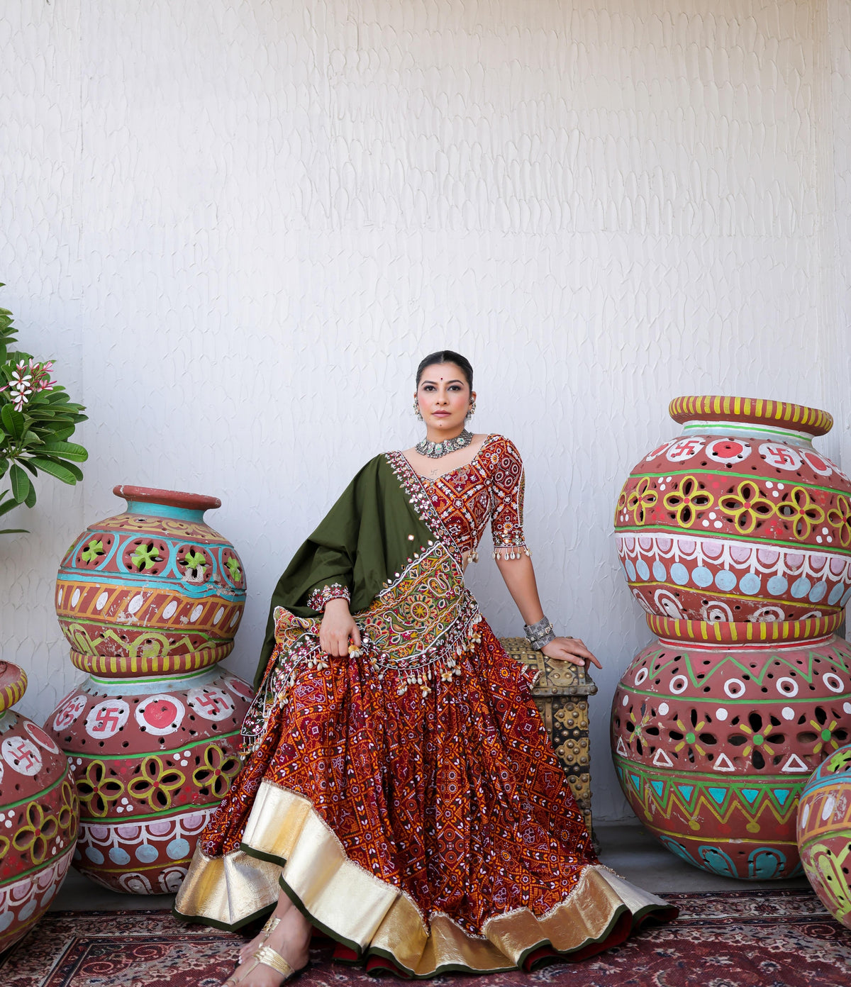 Navratri Muslin Cotton Printed Mirror Work Lehenga Choli