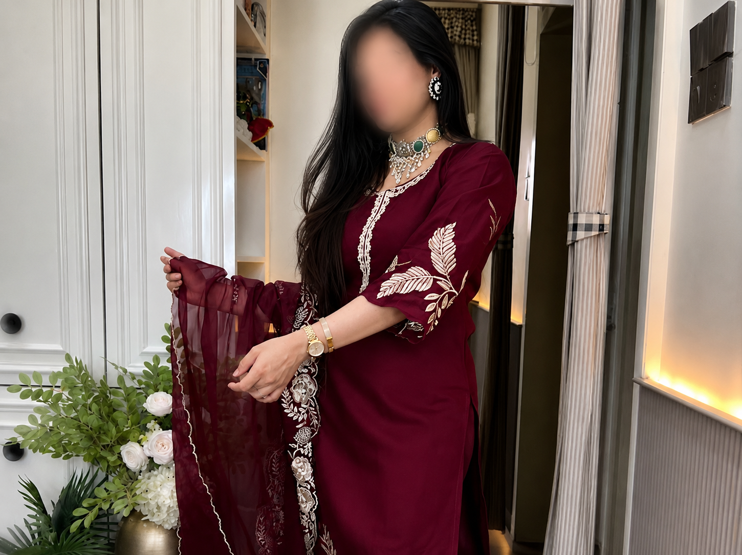 Women’s Roman Silk Embroidered A-Line Kurta Set