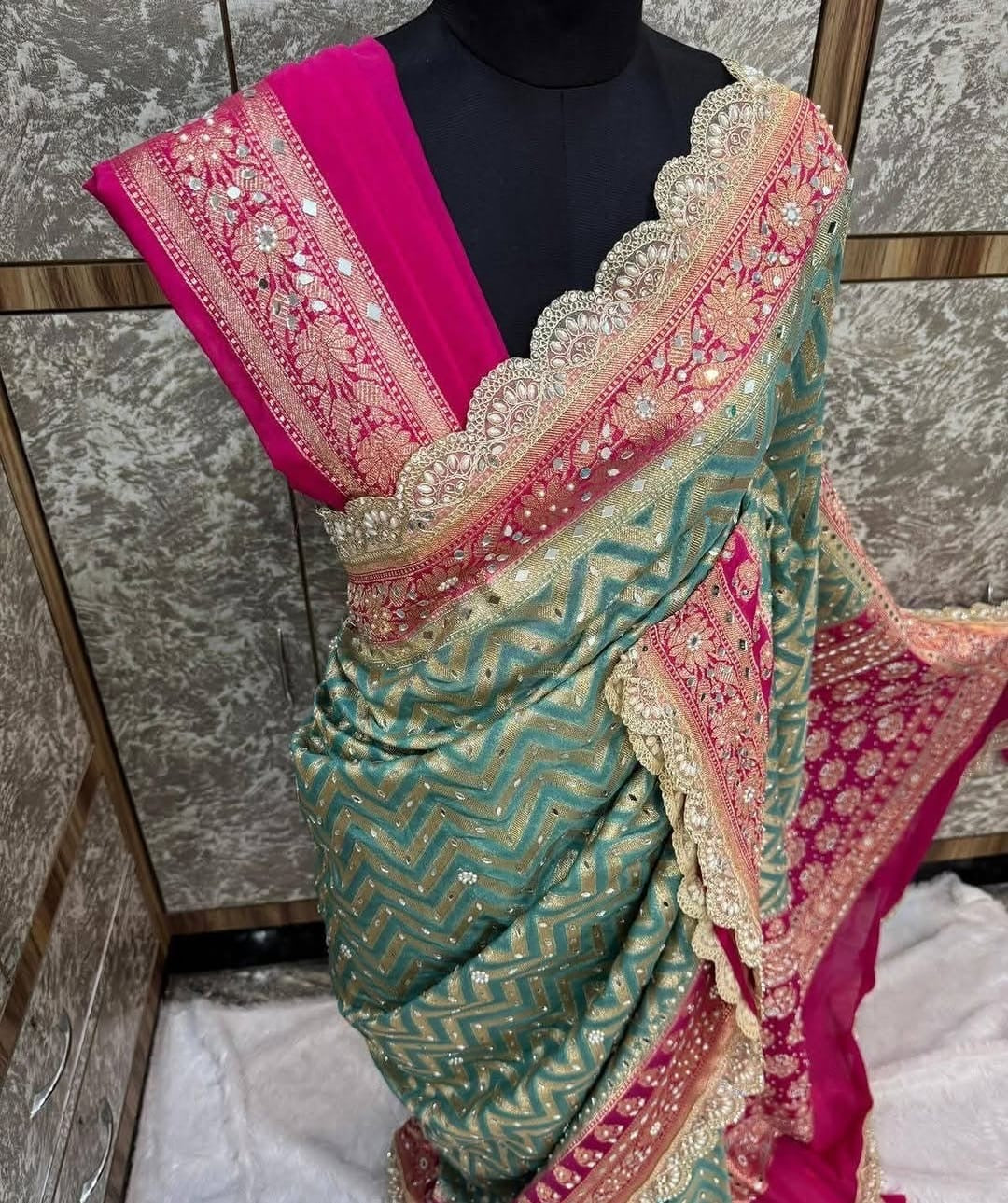 Banarasi Katan Georgette Silk Saree with Mirror, Beads & Designer Lace Work