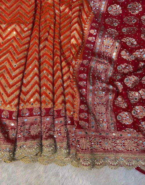 Banarasi Katan Georgette Silk Saree with Mirror, Beads & Designer Lace Work