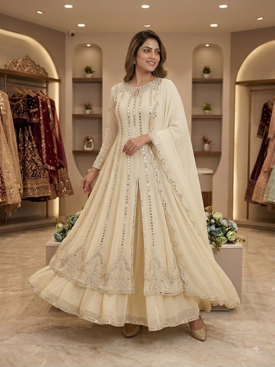 Gown, Lehenga & Dupatta Set with Sequence Embroidery & Real Mirror Work