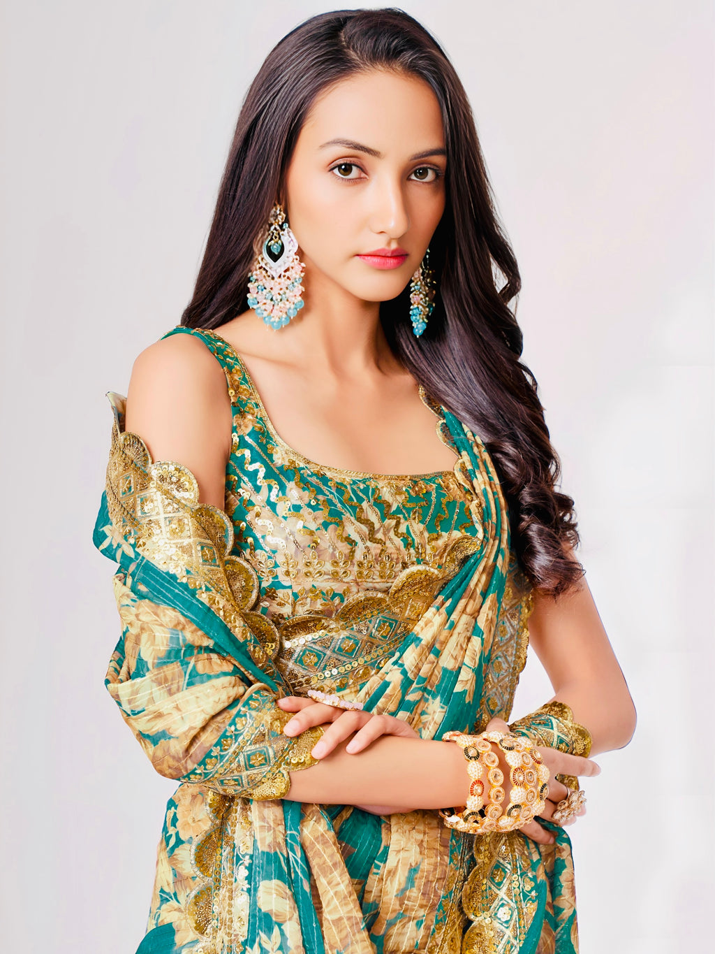 Teal Floral Elegance Saree