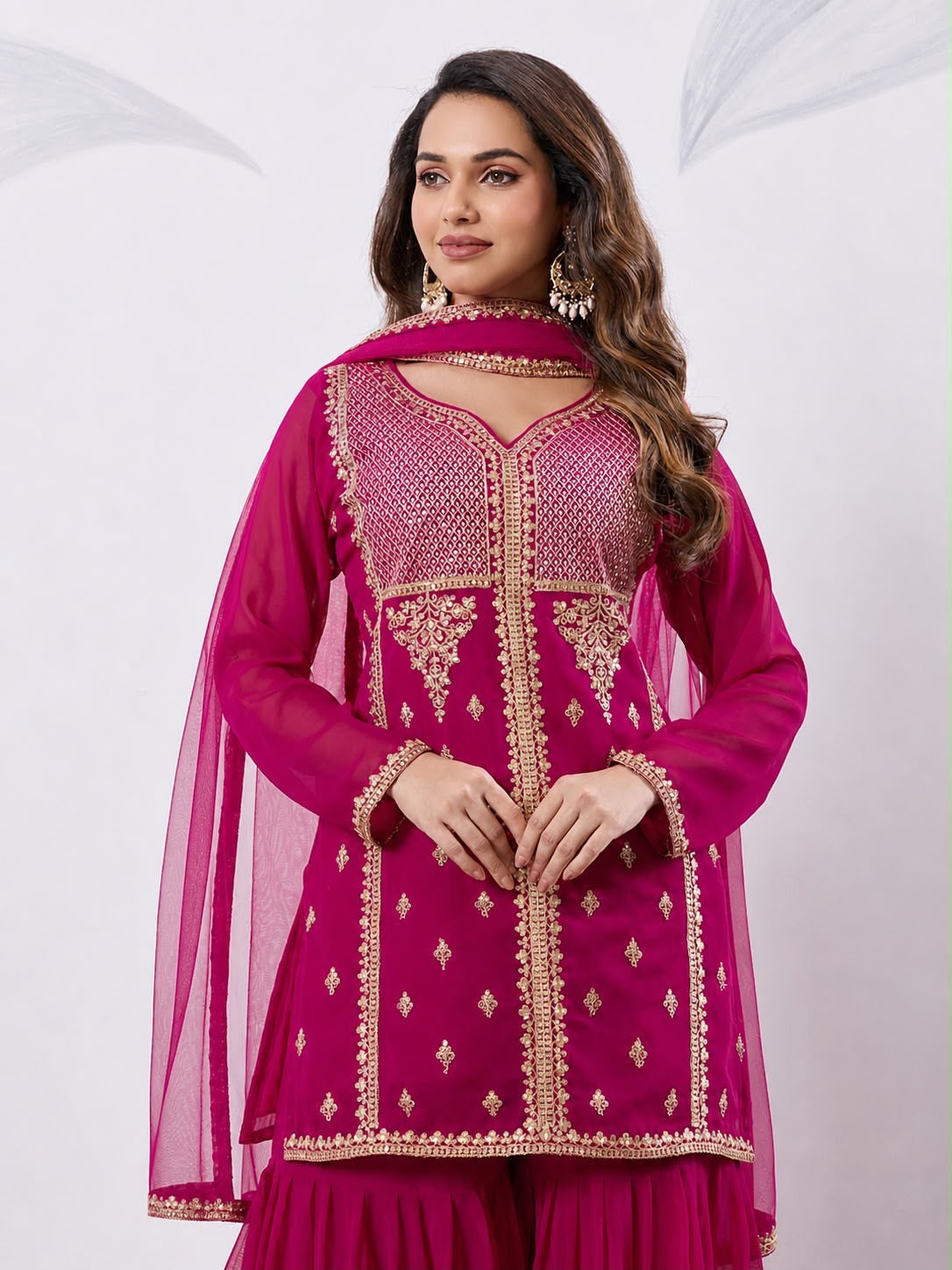 Embroidered Top, Palazzo & Dupatta Set