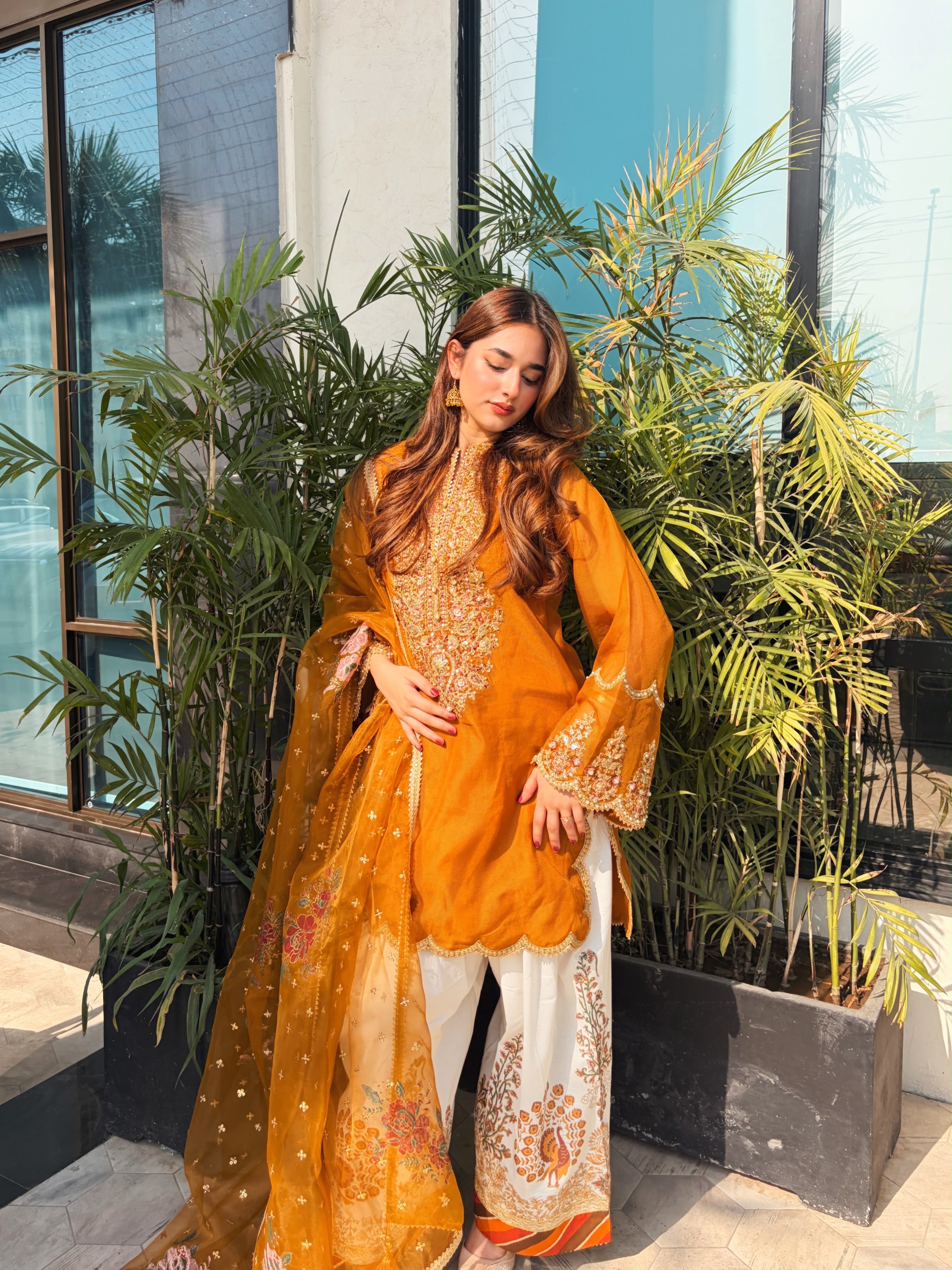 Organza Silk Embroidery Work Kurti, Palazzo & Dupatta Set