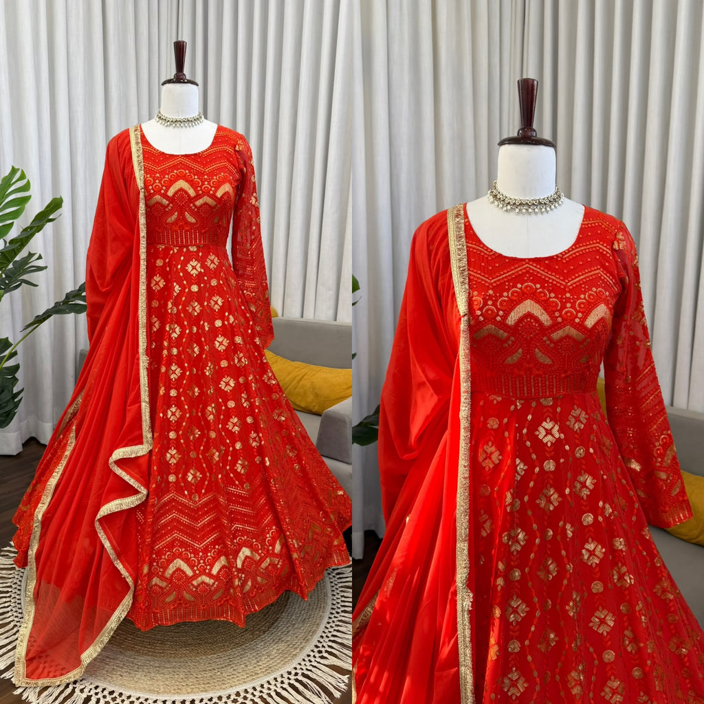 Thread & Sequin Work Gown, Pant & Dupatta Set