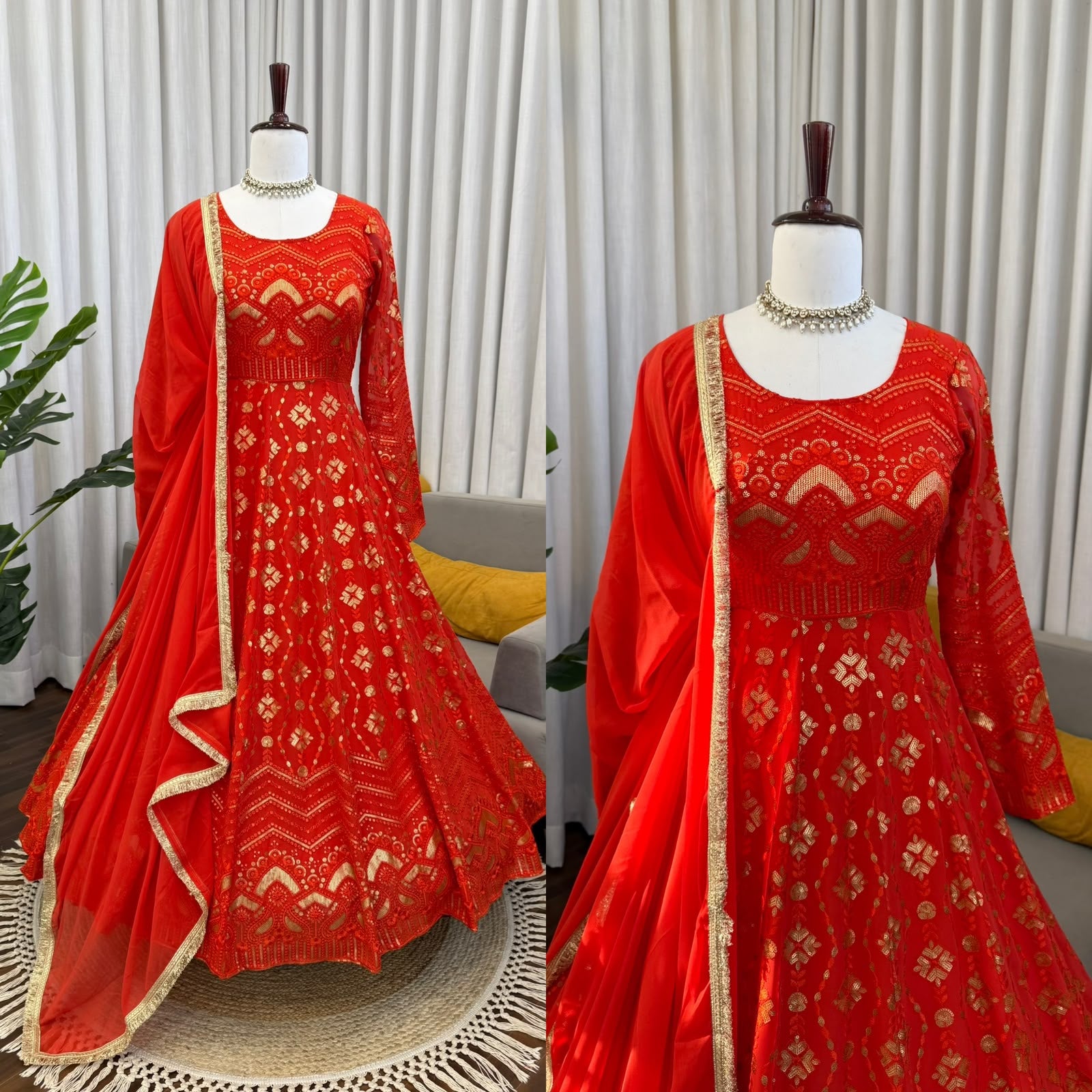 Thread & Sequin Work Gown, Pant & Dupatta Set