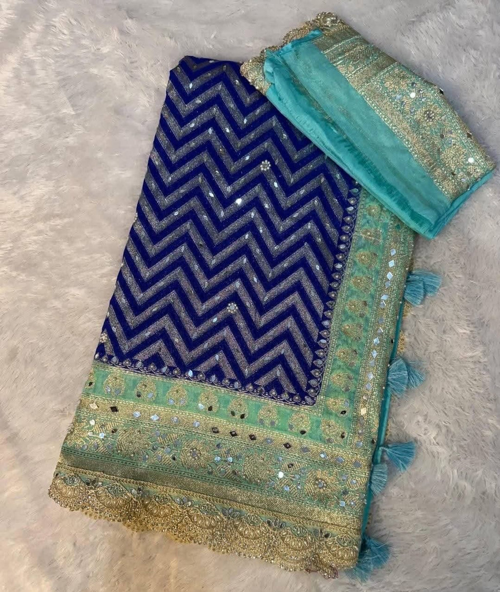 Banarasi Katan Georgette Silk Saree with Mirror, Beads & Designer Lace Work