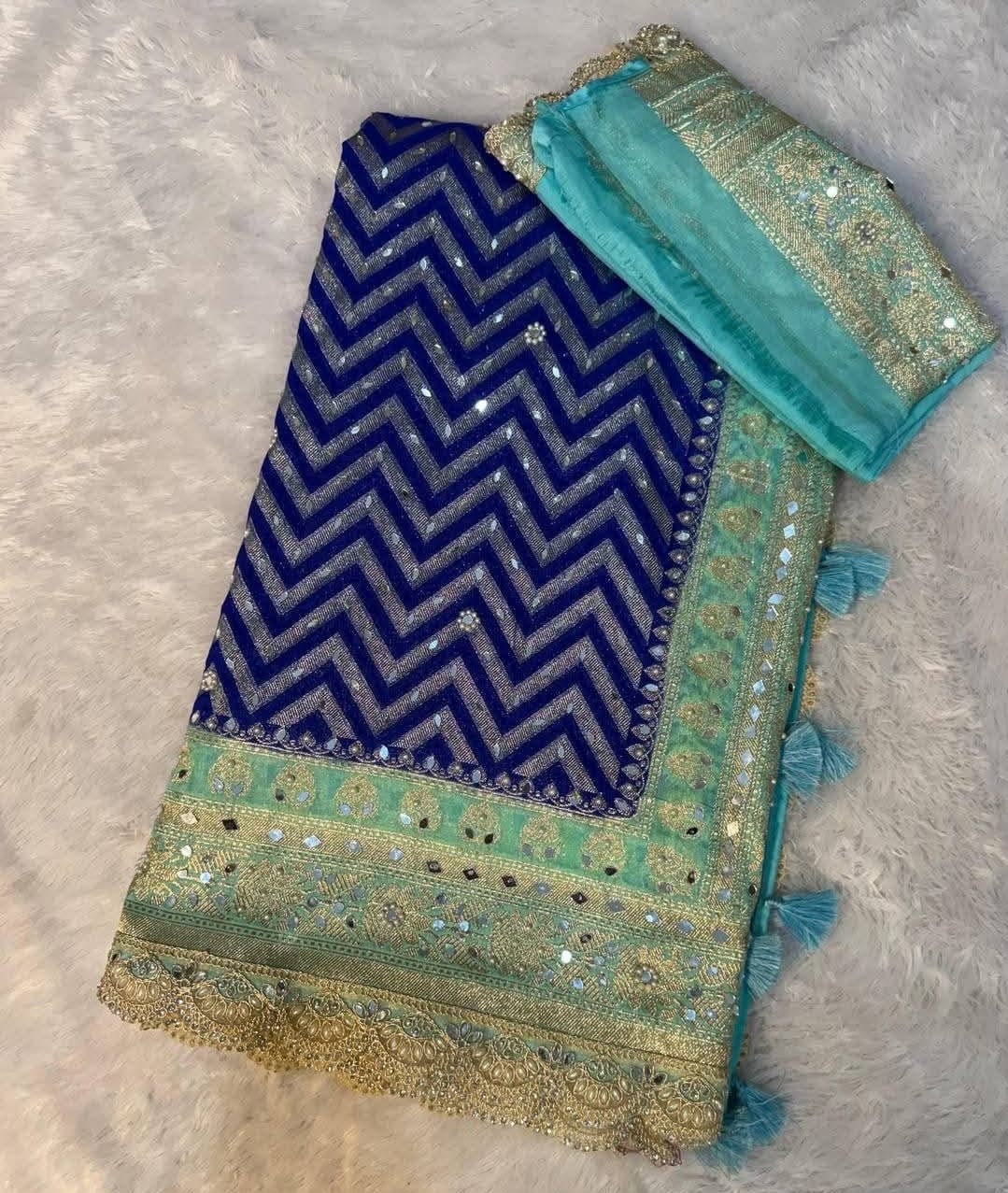 Banarasi Katan Georgette Silk Saree with Mirror, Beads & Designer Lace Work