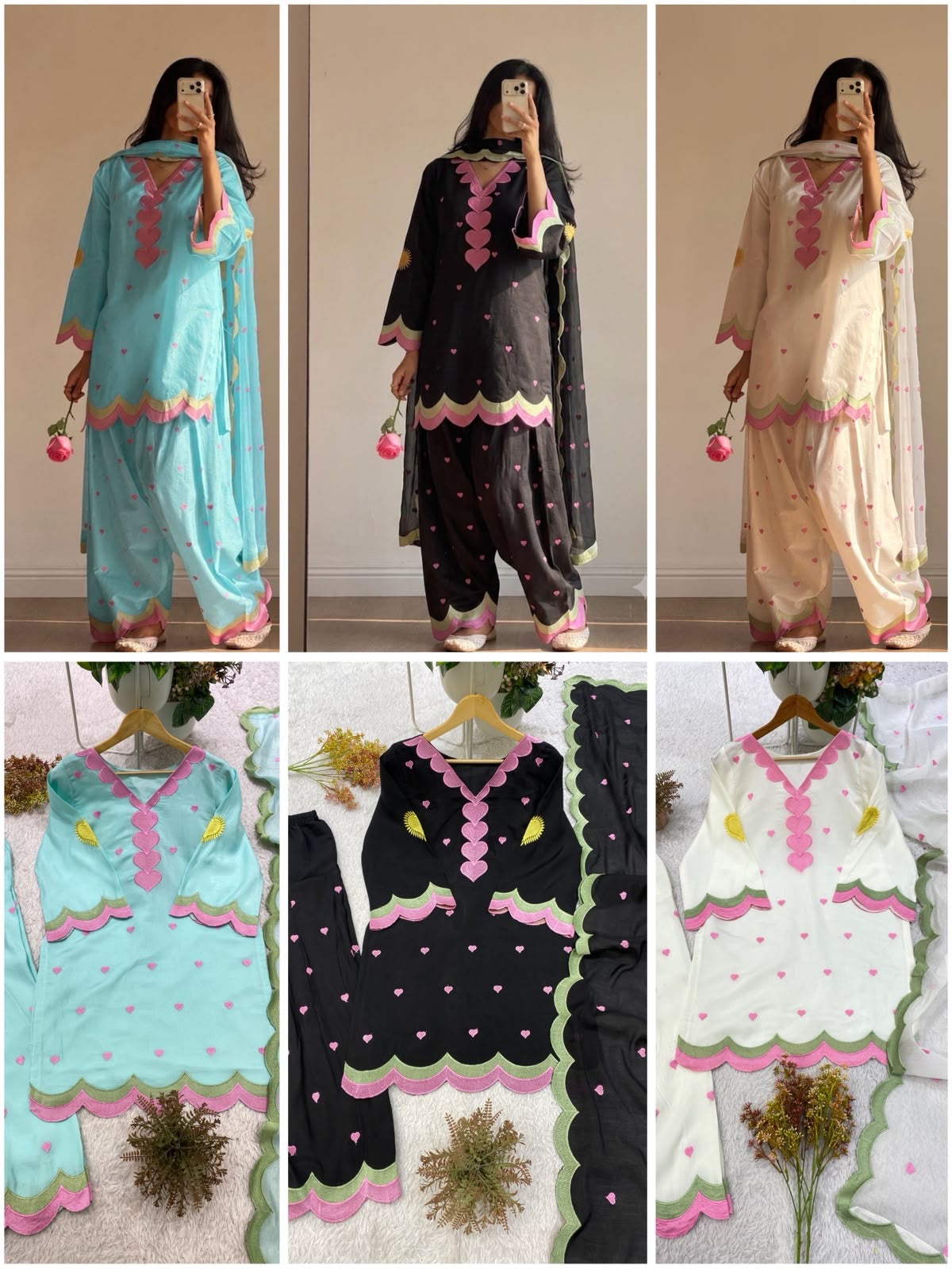 MUL CHANDERI EMBROIDERY WORK 3 piece set