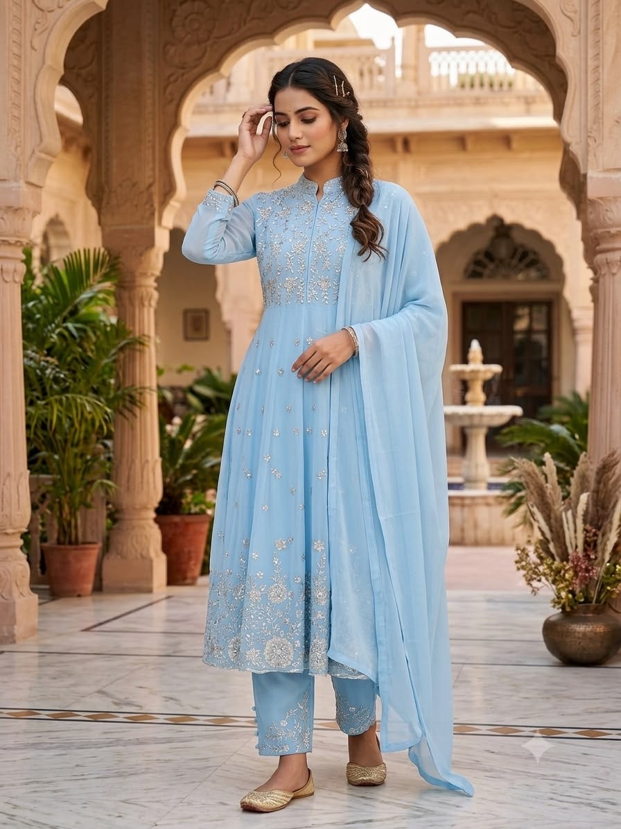 Designer Sequence Embroidered Top, Pant & Dupatta Set