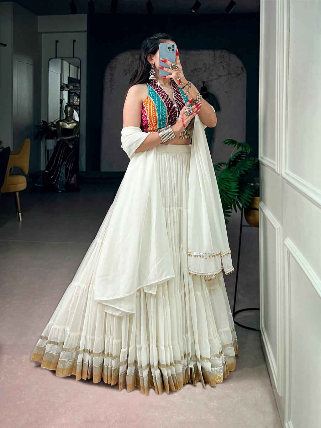 Navratri 2026 Embossed Lace Lehenga with Bandhani Mirror Work Blouse