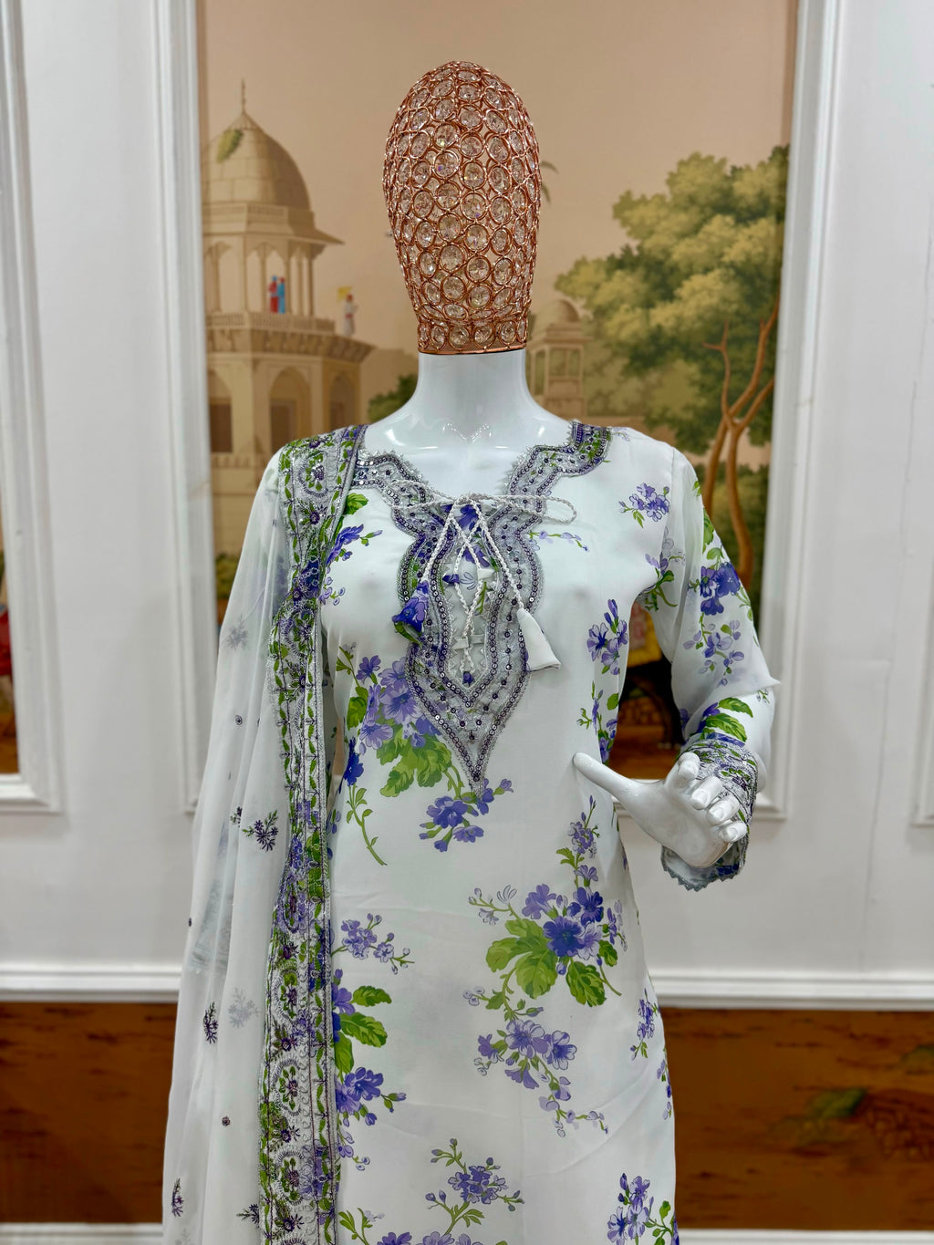 Embroidery & Fancy Lace Work Kurti, Palazzo & Dupatta Set