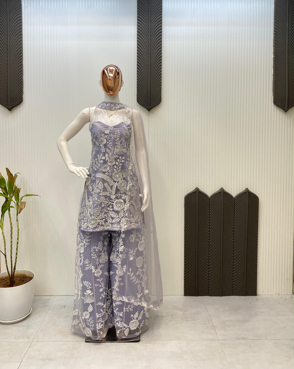 HALTER NECK KURTA AND PLAZZO SET WITH DUPATTA IN BUTTERFLY NET WITH SEQUENCE EMBROIDERY WORK