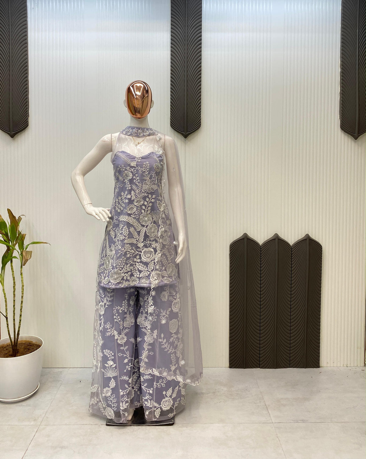 HALTER NECK KURTA AND PLAZZO SET WITH DUPATTA IN BUTTERFLY NET WITH SEQUENCE EMBROIDERY WORK