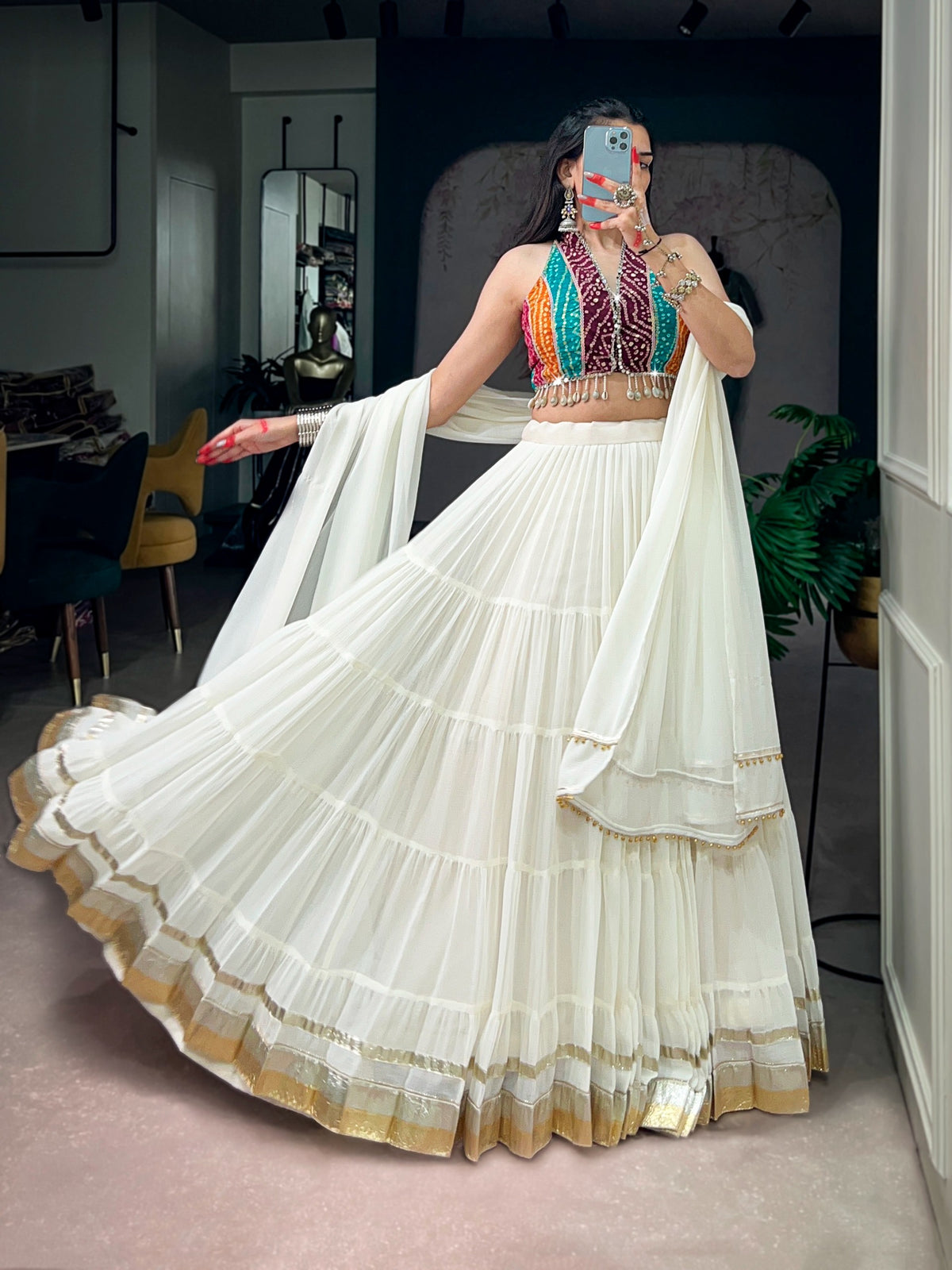 Navratri 2026 Embossed Lace Lehenga with Bandhani Mirror Work Blouse