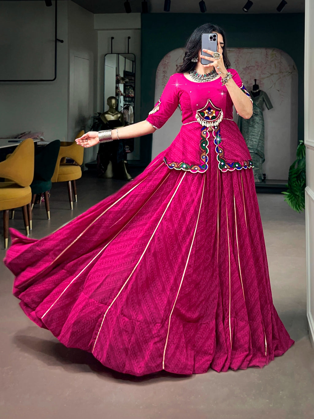 Navratri 2026 Georgette Printed Gota Patti Lehenga with Gamthi Mirror Lace Blouse