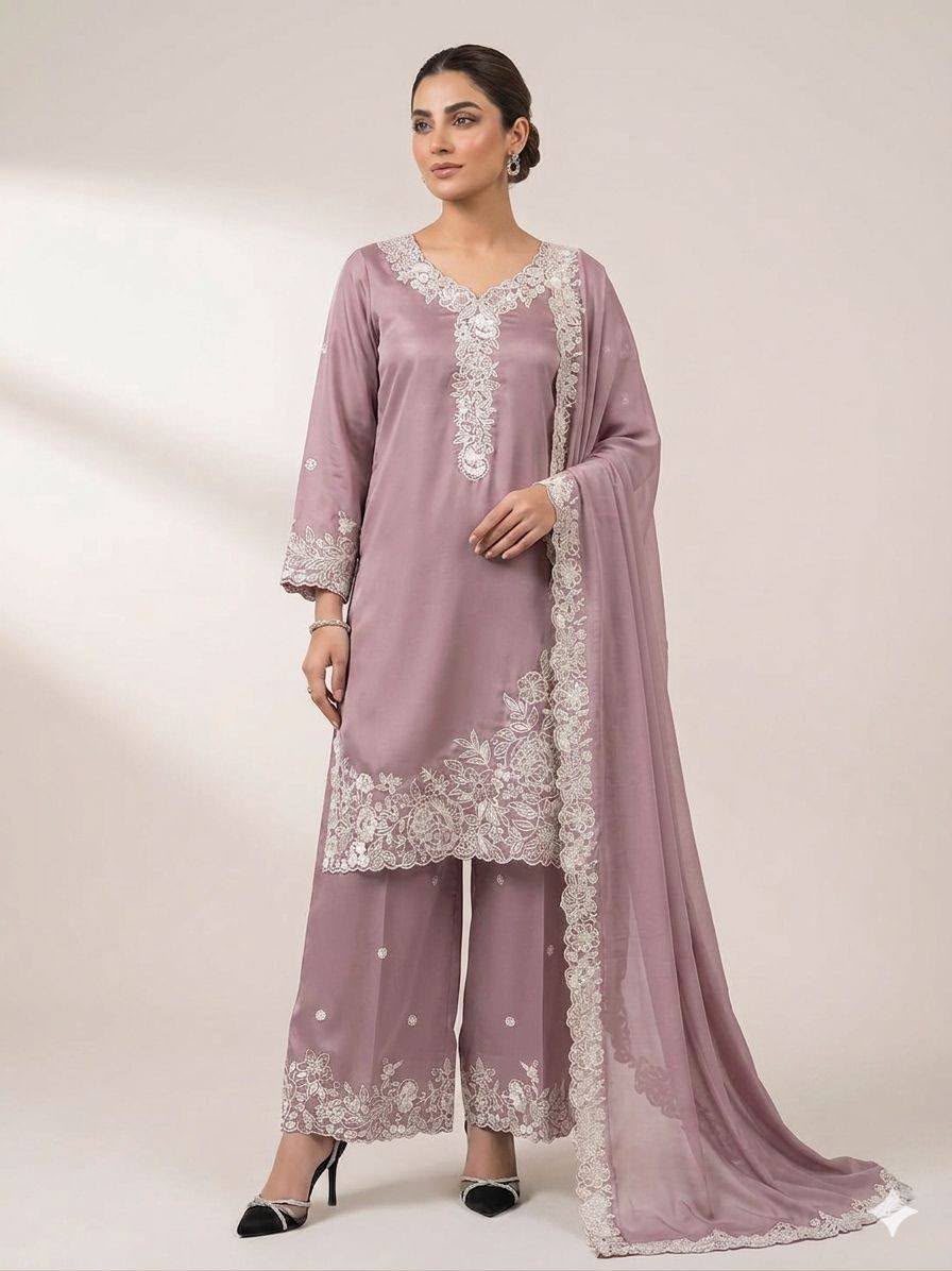 Sequin Embroidery Work Top, Palazzo & Dupatta Set