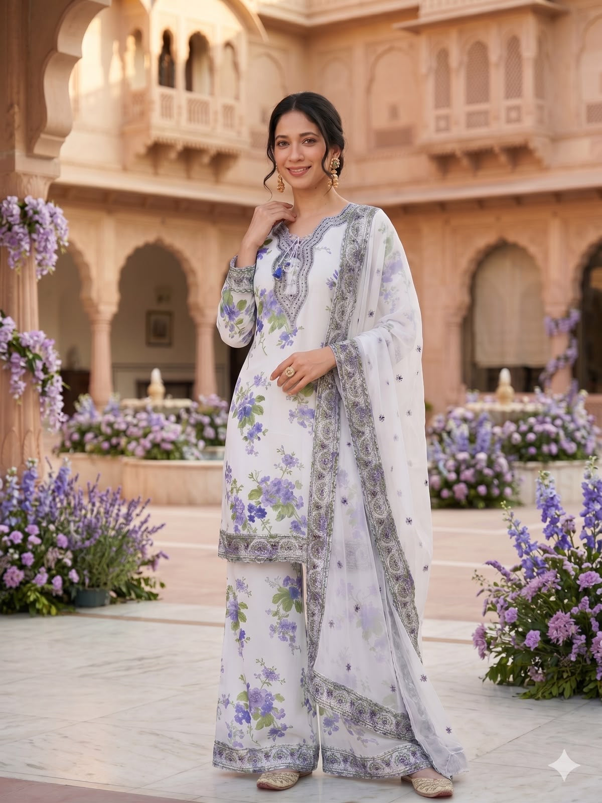 Embroidery & Fancy Lace Work Kurti, Palazzo & Dupatta Set