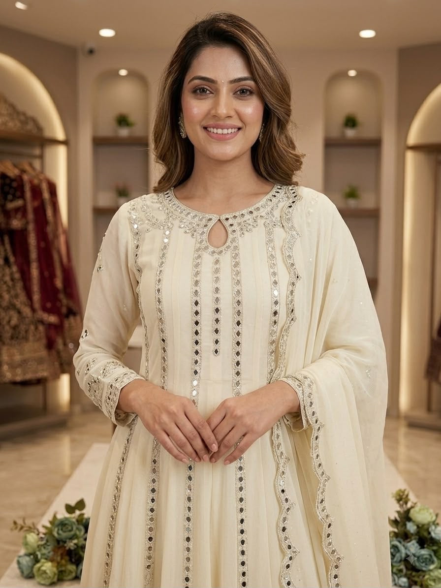 Gown, Lehenga & Dupatta Set with Sequence Embroidery & Real Mirror Work