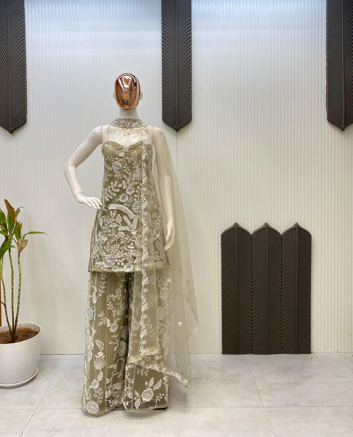 HALTER NECK KURTA AND PLAZZO SET WITH DUPATTA IN BUTTERFLY NET WITH SEQUENCE EMBROIDERY WORK