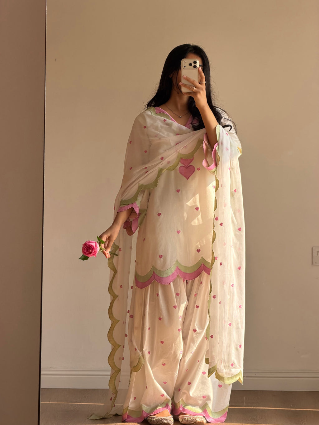 MUL CHANDERI EMBROIDERY WORK 3 piece set