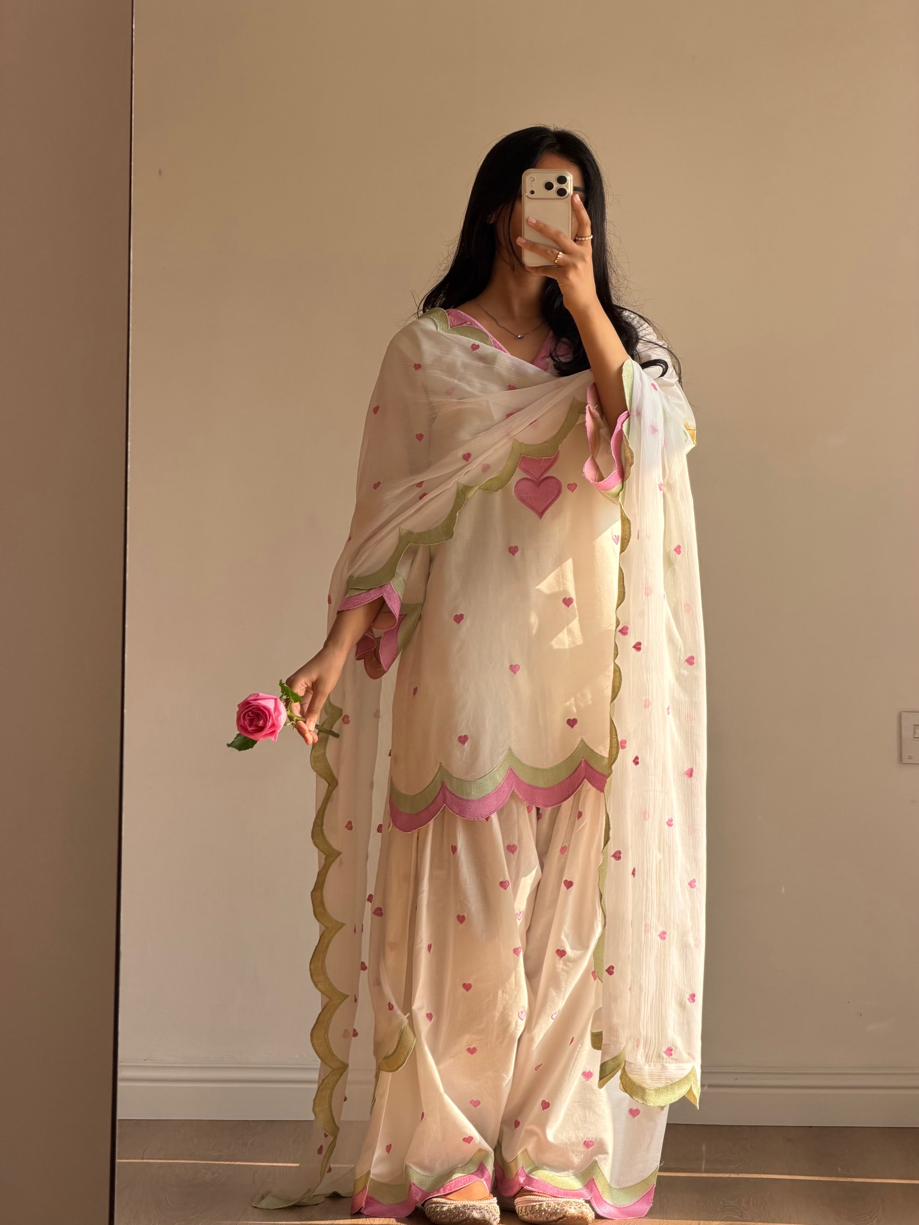 MUL CHANDERI EMBROIDERY WORK 3 piece set