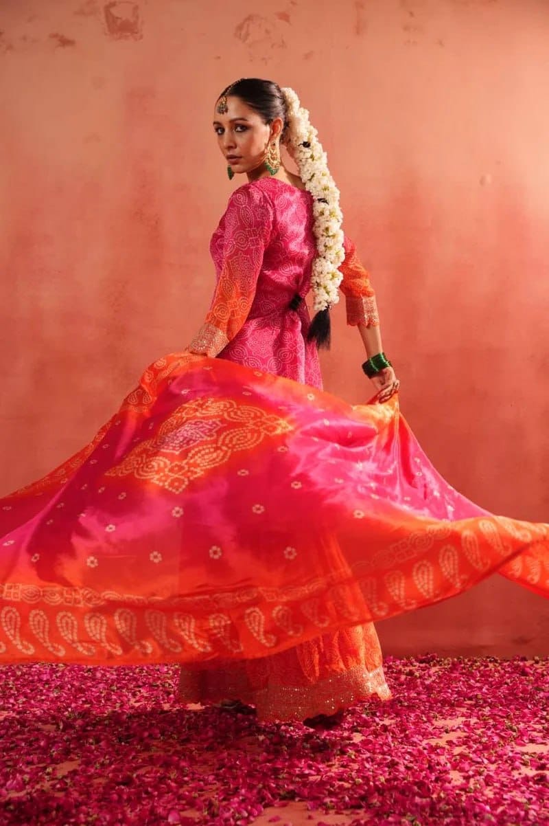 Festive & Party Wear Bandhej Print Top, Sharara & Dupatta Set